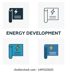 Energy Development icon set. Four elements in diferent styles from power and energy icons collection. Creative energy development icons filled, outline, colored and flat symbols.