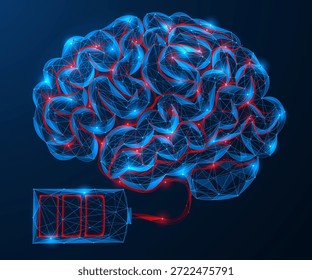 A energia da mente digital. Um cérebro humano conectado a uma bateria. O conceito simboliza o nível de energia mental, recurso intelectual, carga cognitiva e carga mental.