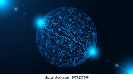 Energy discharge. Polygonal sphere with electricity. Construction of lines and dots. Blue background.