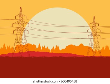 Energy distribution high voltage power line tower sunset landscape with wires and trees vector background
