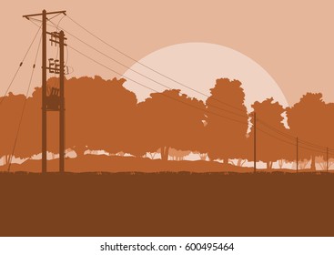 Energy distribution high voltage power line tower sunset landscape with wires and trees vector background