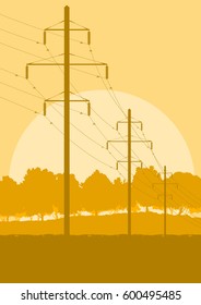 Energy distribution high voltage power line tower sunset landscape with wires and trees vector background