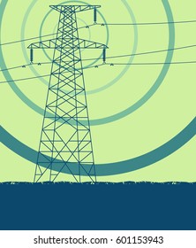 Energy distribution high voltage power line tower with electromagnetic field vector background