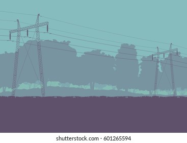 Energy distribution high voltage power line tower sunset landscape with wires and trees vector background