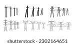 Energy distribution towers. High voltage power lines, utility pylons with electrical cable and powerline wires poles vector illustration set of industry distribution energy by tower