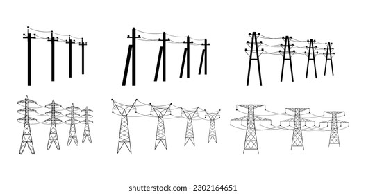 Energieverteilungstürme. Hochspannungs-Stromleitungen, Versorgungsleitungen mit elektrischen Kabel und Stromleitungen-Drähten Vektorgrafik-Satz von Industrievertriebsenergie nach Turm