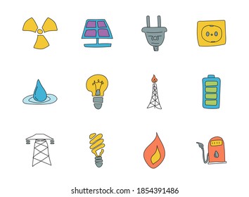 energy doodles isolated on white. energy icon set for web design, user interface, mobile apps and print