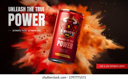 Energy drink ad design on exploding powder effect background in 3d illustration