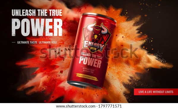 Energy drink ad design on exploding powder
effect background in 3d
illustration