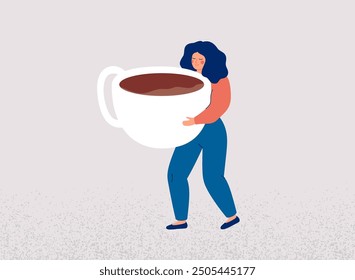 Energy drink and Addiction from caffeine. Woman raised up and holds heavy large cup of coffee. Girl carries a mug of cocoa with difficulty. Healthy or bad eating habits concept. Vector illustration