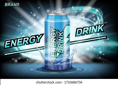 Energy Drink Ads. Energy Drink Aluminum Can With Splash And Bright Lightnings On Dark Background. Realistic 3d Illustration.