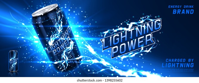 Energy drink ads background. Vector illustration with energy drink can, bright lightnings and shining thunderstorms. Realistic 3d illustration.