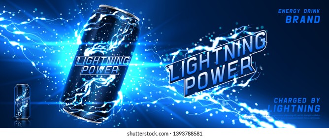 Energy drink ads banner template. Vector illustration with energy drink can, bright lightnings and shining thunderstorms. Realistic 3d illustration.