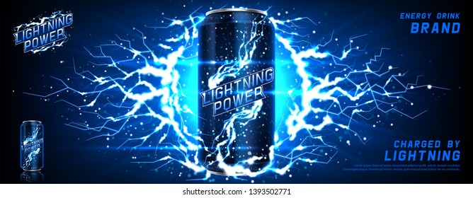 Energy Drink Ads Banner. Vector Illustration With Energy Drink Can, Bright Lightnings And Shining Thunderstorms. Realistic 3d Illustration.