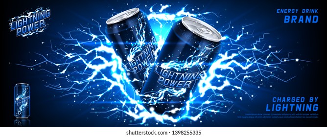 Energy drink ads banner. Vector illustration with energy drink can, bright lightnings and shining thunderstorms. Realistic 3d illustration.