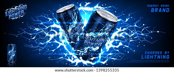 Energy drink ads banner. Vector\
illustration with energy drink can, bright lightnings and shining\
thunderstorms. Realistic 3d\
illustration.