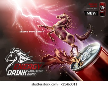 Energy drink ads, liquid horse jumped up from can with splashing beverages in 3d illustration, lightning background