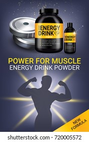 Energy drink ads. Vector realistic illustration of cans with energy drink powder. Vertical poster with product and sport equipment.