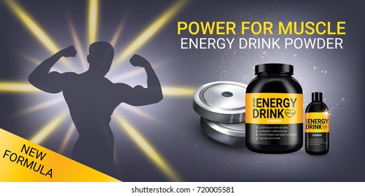 Energy Drink Ads. Vector Realistic Illustration Of Shaker And Cans With Energy Drink Powder. Horizontal Banner With Product And Sport Equipment.