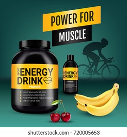 Energy drink ads. Vector realistic illustration of cans with energy drink powder with cherry and banana flavor. Poster with product and sport equipment.