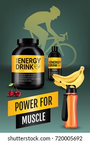 Energy drink ads. Vector realistic illustration of shaker and cans with energy drink powder with cherry and banana flavor. Vertical poster with product and sport equipment.