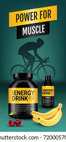 Energy drink ads. Vector realistic illustration of cans with energy drink powder with cherry and banana flavor. Vertical banner with product and sport equipment.