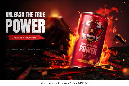 Energy drink advertisement with burning wood background in 3d illustration