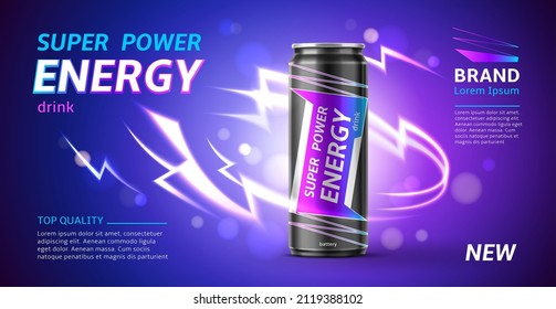 Energy drink banner. 3D realistic aluminium can with super power beverage. Shining lightning. Dark backdrop with light flashes. Package design for branding. Vector