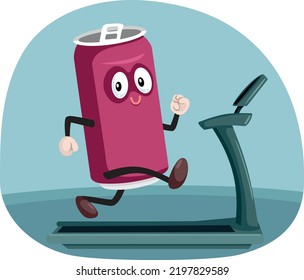 
Energy Drink Beverage Vector Character Running on a Treadmill. Caffeinated beverage stimulating athletic performance 
