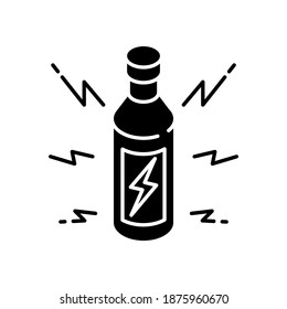 Energy drink black glyph icon. Beverage for power boost. Bottle with bolt sign. Energetic effect. Bottled liquid for stamina. Silhouette symbol on white space. Vector isolated illustration