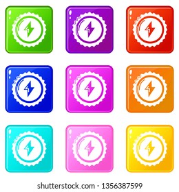 Energy drink bottle cap icons set 9 color collection isolated on white for any design