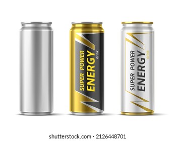 Energy drink can design. Realistic disposable metallic beverage containers. Different colors aluminum packaging mockup. Isolated 3D blank metal bottle. Vector white and