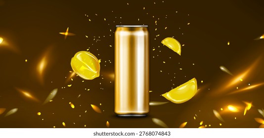 Energy drink can with explosive yellow powder effect and lemon slices on black background. Vector realistic illustration of 3D power citrus beverage, drinking product advertising banner design