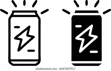 Energy Drink Can Icon Set – Black and White Power Beverage Symbol Vector Illustration