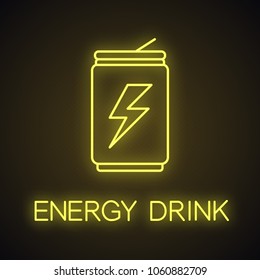 Energy drink can neon light icon. Aluminium can with beverage. Glowing sign. Vector isolated illustration