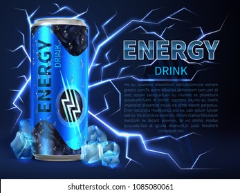 Energy drink can surrounded of electrical discharges and sparks on dark blue. Packaging advertising vector background. Container energy beverage, aluminum or metallic bottle illustration