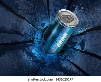 Energy drink canned on explosion background Ads. Of free space for your copy and branding. Vector 3D illustration.