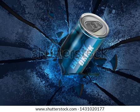 Energy drink canned on explosion background Ads. Of free space for your copy and branding. Vector 3D illustration.