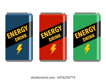 Energy drink cans in different colors flat design on white background.