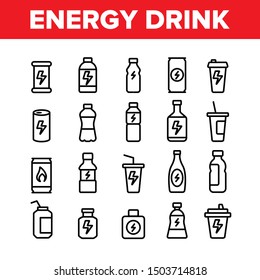 Energy Drink Collection Elements Vector Icons Set Thin Line. Energy Beverage In Plastic And Metallic Bottle, Glass And Aluminum Container Concept Linear Pictograms. Monochrome Contour Illustrations