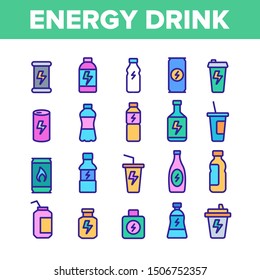 Energy Drink Collection Elements Vector Icons Set Thin Line. Energy Beverage In Plastic And Metallic Bottle, Glass And Aluminum Container Concept Linear Pictograms. Color Contour Illustrations