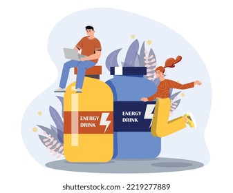 Energy drink concept. Man and woman jumping next to jars. Cheerfulness and energy, strength. Taurine soda in hufge colorful cans. Young girl and guy with addiction. Cartoon flat vector illustration