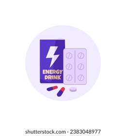 Energy drink concept, vector illustration on white background. Blue can of carbonated energetic beverage and pills. Drawing in cartoon flat style. Simple icon with medicines and power drink.