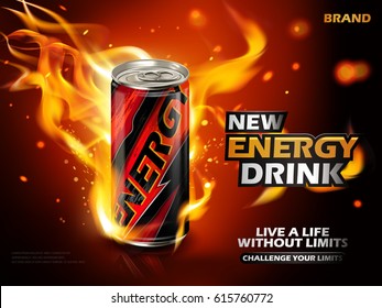 energy drink contained in metal can with flame element, red background 3d illustration