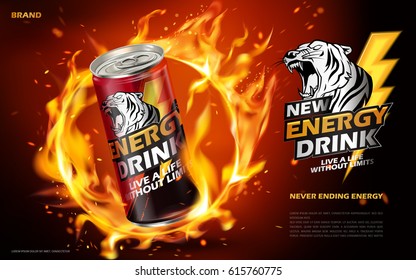 energy drink contained in metal can with flaming hoop element, red background 3d illustration