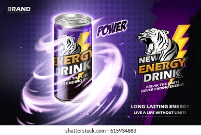 energy drink contained in metal can with mysterious twister element, purple background 3d illustration