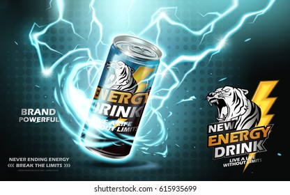 energy drink contained in metal can with electricity current element, teal background 3d illustration