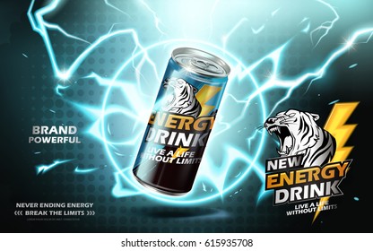 energy drink contained in metal can with electricity ring element, teal background 3d illustration