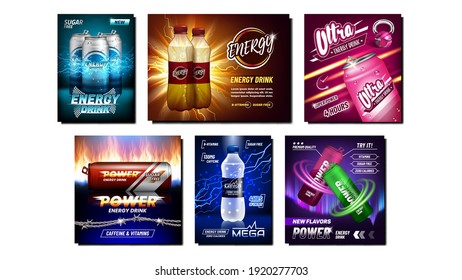 Energy Drink Creative Promotion Posters Set Vector. Power Drink Blank Aluminum Container And Plastic Bottle On Advertising Banners. Collection Flyers Style Concept Template Illustrations