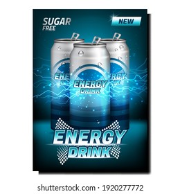 Energy Drink Creative Promotion Poster Vektor. Energy Drinks leere metallische Flaschen und elektrische Blitze auf elegantem Werbebanner. Vorlage für stilvolles Design für Getränke